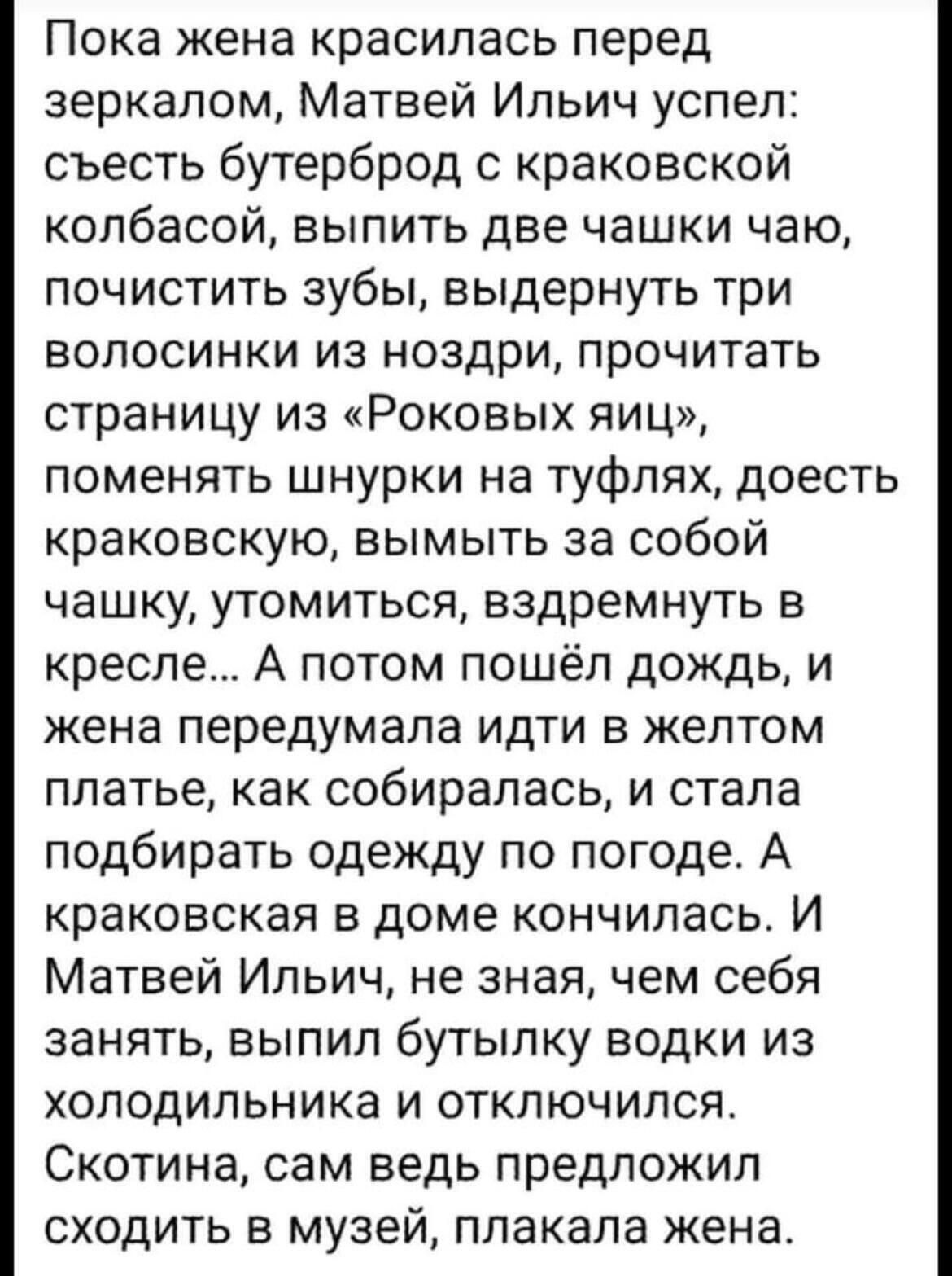 Пока жена красилась перед зеркалом Матвей Ильич успел съесть бутерброд краковской колбасой выпить две чашки чаю почистить зубы выдернуть три волосинки из ноздри прочитать страницу из Роковых яиц поменять шнурки на туфлях доесть краковскую вымыть за собой чашку утомиться вздремнуть в кресле А потом пошёл дождь и жена передумала идти в желтом платье как собиралась и стала подбирать одежду по погоде 
