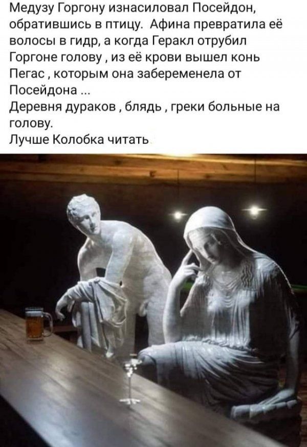 Медузу Горгону изнасиловал Посейдон обратившись в птицу Афина превратила ее волосы в гидр а когда Геракл отрубил Горгоне голову из её крови вышел конь Пегас котерым она забеременела от Посейдона Деревня дураков бппдьгреки больные на голову Лучше Колобка читать