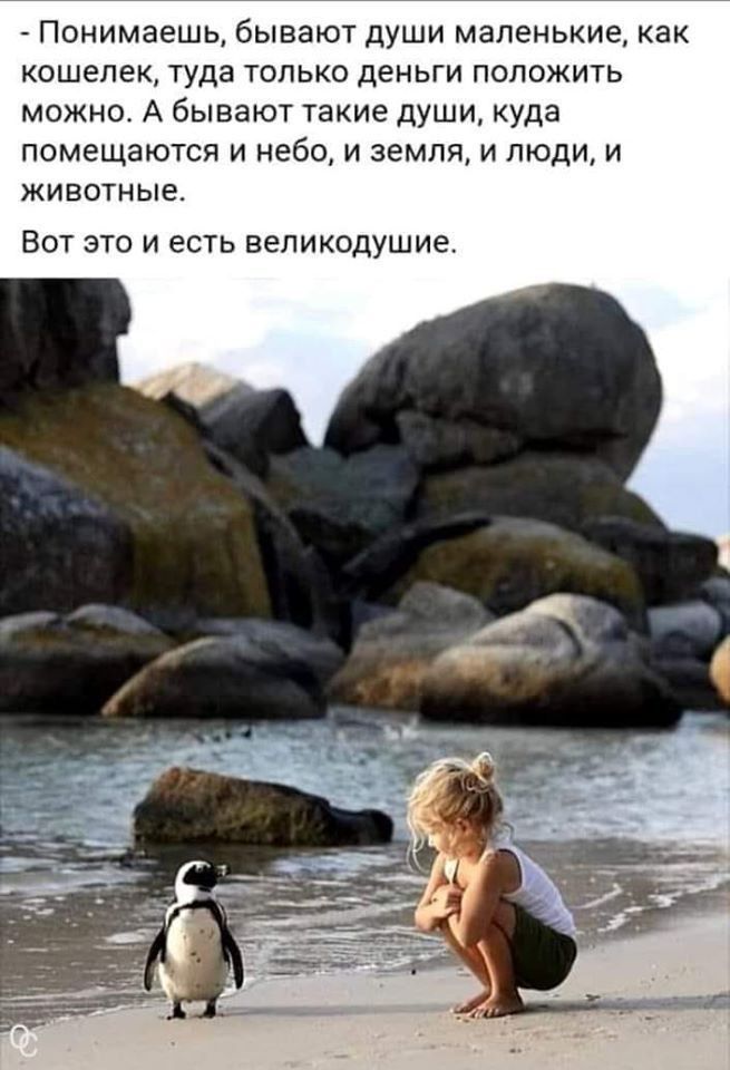 Понимаешь бывают души маленькие как кошелек туда только деньги положить можно А бывают такие души куда помещаются и небо и земля и люди и животные Вот это и есть вепикодуш ие