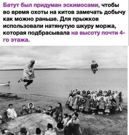 Батут был придуман зскимосами чтобы во время охоты ив китов замечал добычу как можно рвиьию иш прыжков использоввли натянутую шкуру морю которая подбрасыввпв на высоту почти 4 го этажа