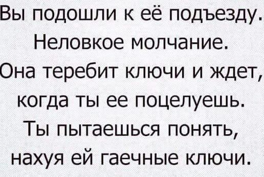 Вы подошли к её подъезду Неловкое молчание Она теребит ключи и ждет когда ты ее поцелуешь Ты пытаешься понять нахуя ей гаечные ключи