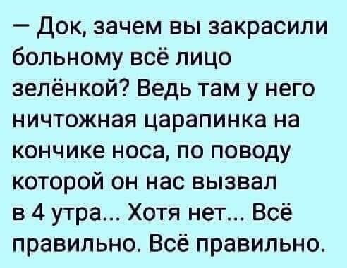 док зачем вы закрасили больному всё лицо зелёнкой Ведь там у него ничтожная царапинка на кончике носа по поводу которой он нас вызвал в 4 утра Хотя нет Всё правильно Всё правильно