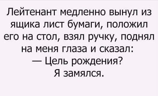 Лейтенант медленно вынул из ящика лисг бумаги положил его на сгол взял ручку поднял на меня глаза и сказал Цель рождения Я замяпся