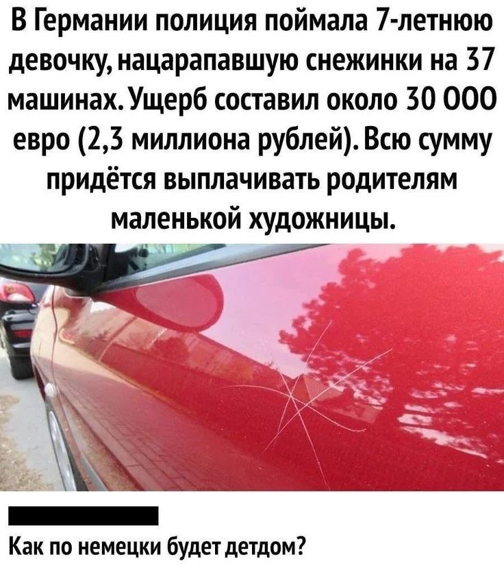 В Германии полиция поймала 7 летнюю девочку нацарапавшую снежинки на 37 машинахУщерб составил около 30 000 евро 23 миллиона рублей Всю сумму придётся выплачивать родителям маленькой художницы Как по иемецки будет детдом