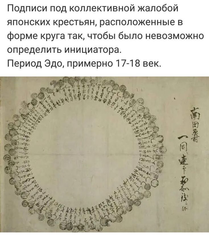 Подписи под коллективной жалобой японских крестьян расположенные в форме круга так чтобы было невозможно определить инициатора Период Эдо примерно 17 18 век