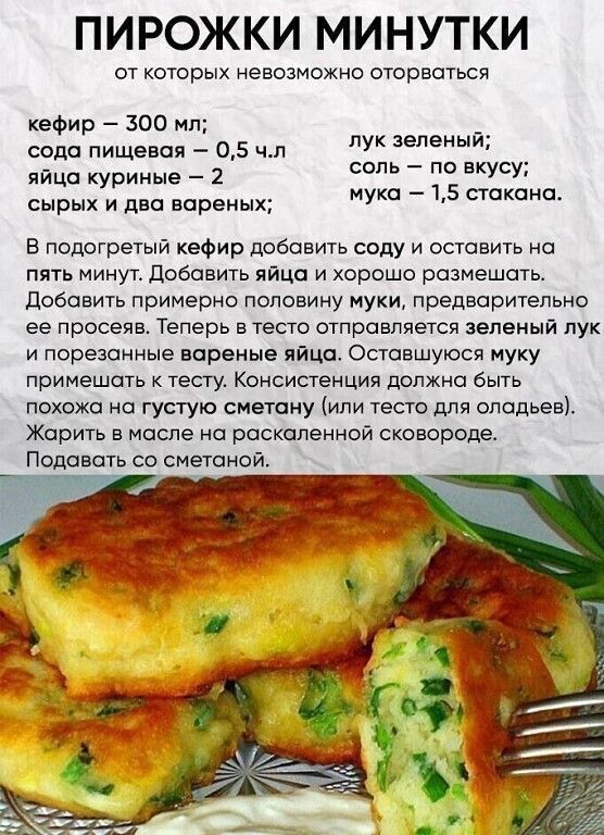 ПИРОЖКИ МИНУТКИ от которых невозможно оторваться кеФир зоо ип сада пищевая 05 нп яйца куриные 1 сырых и два вареных пук зеленый сат по вкусу мука 15 стакана в подогретый кефир добавить соду и оставить на пять минут добавить яйцд и хорошо размешать добавить примерно попавину муки предварительно ее просеяв Теперь в теста отправляется зеленый пук и порезанные вареные яйцц Оставшуюся муку примешатв к 