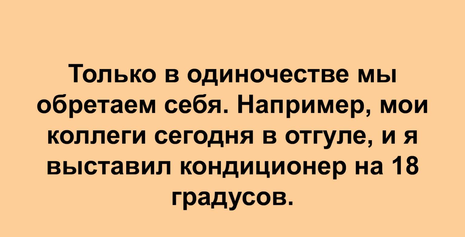 ТОЛЬКО В ОДИНОЧЕСТБе МЫ обретаем себя Например мои КОЛЛЕГИ БеГОДНЯ В ОТГУПЕ И Я выставил кондиционер на 18 градусов пирысашими