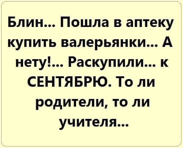 Блин Пошла в аптеку купить валерьянки А нету Раскупили к СЕНТЯБРЮ То ли родители то ли учителя