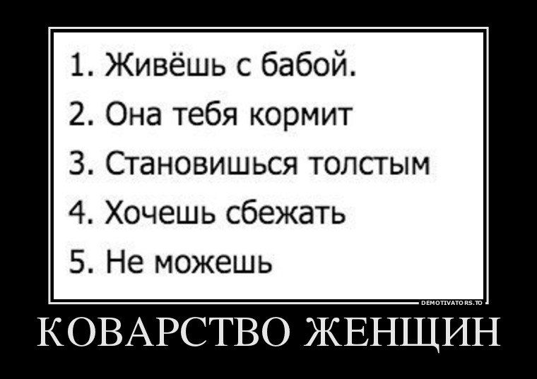 1 Живёшь с бабой 2 Она тебя кормит 3 Становишься толстым 4 Хочешь сбежать 5 Не можешь КОВАРСТВО жвнційіч