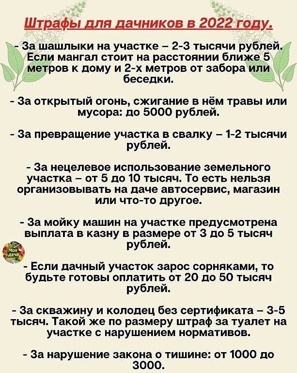 Шары для дачников в 2022 щуд За шашлыки на участке 2 3 тысячи рублей Если мангал стоит на расстоянии Ближе 5 метров к дому и гах метров от забора или беседки За открытый огонь сжигание в нём травы ипи мусора по 5000 рублей аа превращение участка в свалку 1 2 тысячи рублей За нецелевое использование земельного участка от 5 по 10 тысяч То есть нельзя организовывать на даче автосервис магазин или что