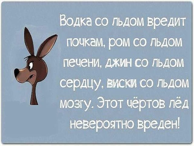 Водка со льдом вредит почкам РОМ со льдом печени джин со льдом сердцу Вист со льдом мозгу Этот чёртов пёд невероятно вреден