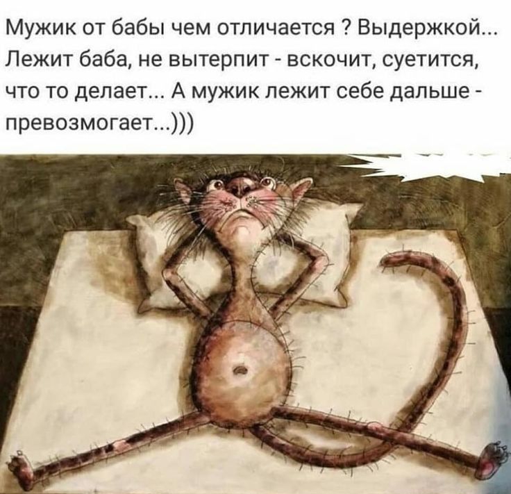 Мужик от бабы чем отличается Выдержкой ЛЕЖИТ 6866 не еытерпит ВСКОЧИТ суетится ЧТО ТО делает А МУЖИК ЛЕЖИТ себе дальше превозмогает