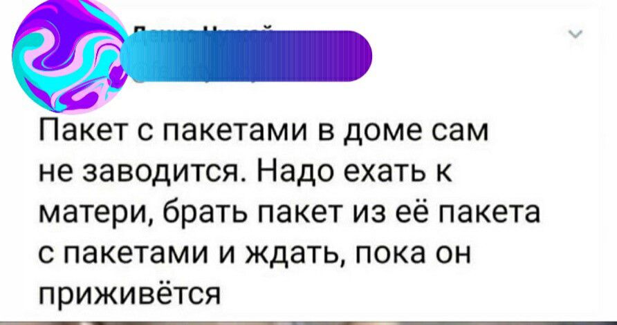 Пакет с пакетами в доме сам не заводится Надо ехать к матери брать пакет из её пакета с пакетами и ждать пока он приживется