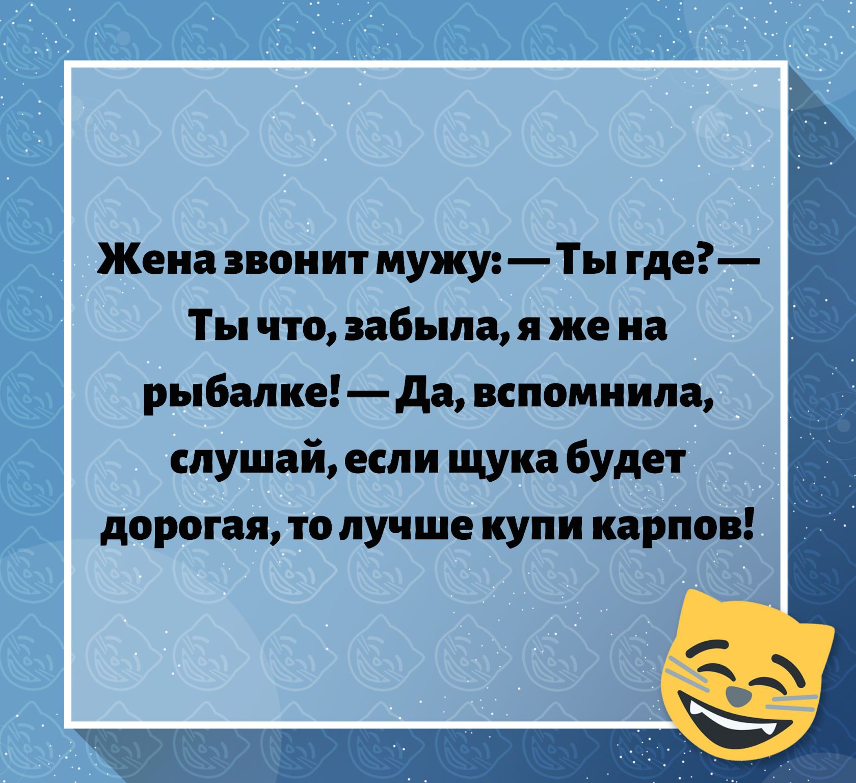Жена понят мужуТы где Ты что забыл я же на рыбалкадв вспомнила шушай если щука будет дорогая то лучше купи карпов