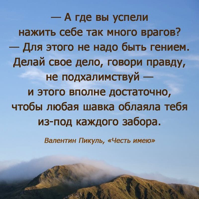 А где вы успели нажить себе так много врагов для этого не надо быть гением делай свое дело говори правду не подхалимствуй и этого вполне досгаточно чтобы любая шавка облаяпа тебя изпод каждого забора Валентин Пикуль Честь имею