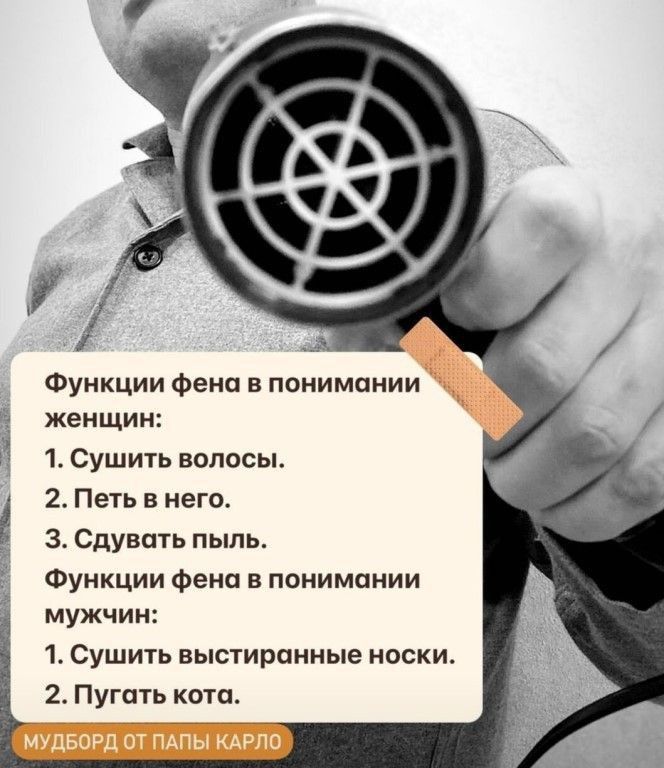 А Функции Фени в понимании женщин 1 сушить волосы 1 Пен в него Сдувшь пыль Функции фена в понимании мужчин 1 Сушить выстирпнные носки 2 Пути кота