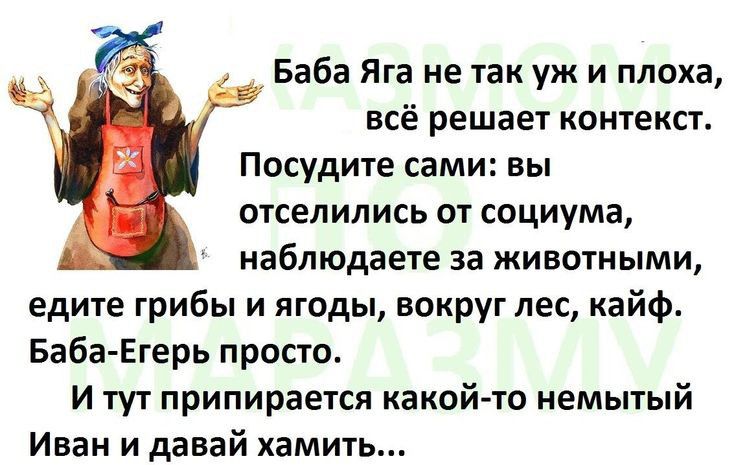 Баба Яга не так уж и плоха всё решает контекст Посудите сами вы отселились от социума наблюдаете за животными едите грибы и ягоды вокруг лес кайф Баба Егерь просто и тут припирается какой то немытый Иван и давай хамить