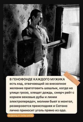 В ГЕНОФОНДЕ КАЖДОГО МУЖИКА всп код птввчающий внцзппиае желание пригыовим шашлык когда на улице грани хлещет дождь смерч рвёт корнем вековые дубы и линии апекшопередач молиии вы в мангал извещается пт исполняя и Сашин лично прииосиу угопн прямо из ада