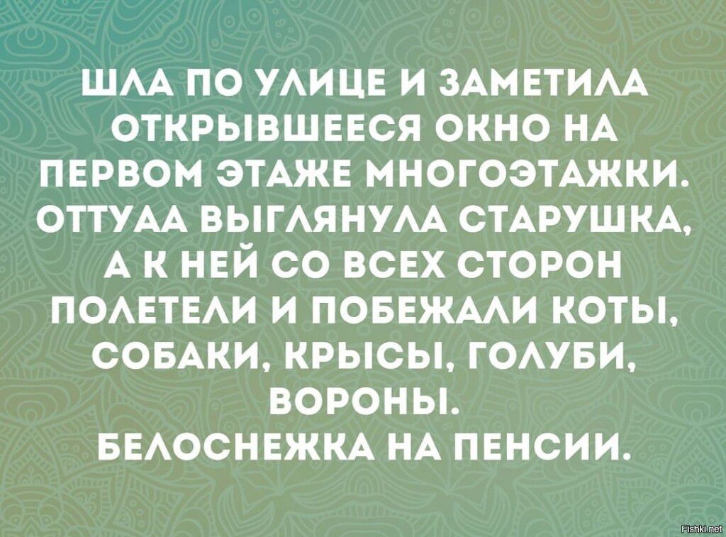 ШАА ПО УАИЦЕ И ЗАМЕТИАА ОТКРЫВШЕЕСЯ ОКНО НА ПЕРВОМ ЭТАЖЕ МНОГОЭТАЖКИ ОТТУАА ВЫГАЯНУАА СТАРУШКА А К НЕЙ ОО ВСЕХ СТОРОН ПОАЕТЕАИ И ПОБЕЖМИ КОТЫ СОБАКИ КРЫСЫ ГОАУБИ ВОРОНЫ БЕАОСНЕЖКА НА ПЕНСИИ