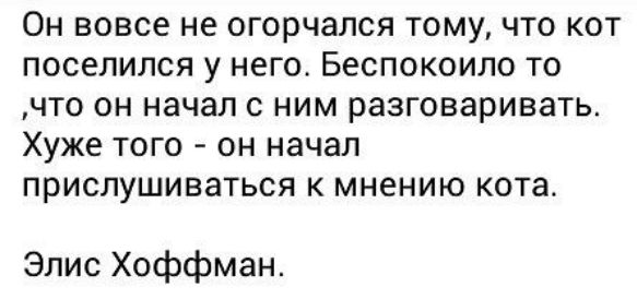 ОН ВОВСе не огорчался ТОМУ ЧТО КОТ ПОСЕЛИЛСЯ у него Беспокоило ТО ЧТО ОН НЕЧЭЛ С НИМ разговаривать Хуже ТОГО Он начал прислушиваться К мнению КОТЗ Элис Хоффман