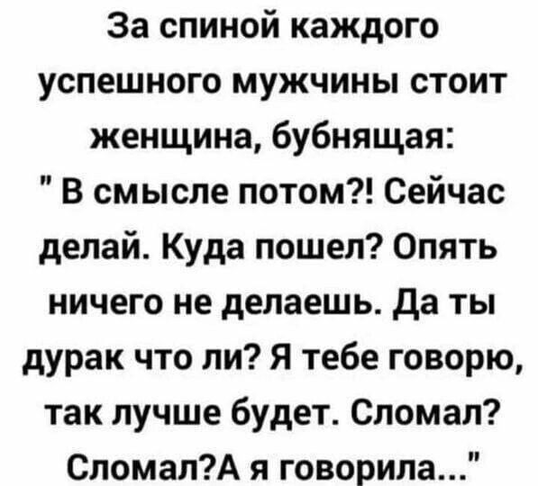 За спиной каждого успешного мужчины стоит женщина бубнящая В смысле потом Сейчас делай Куда пошел Опять ничего не делаешь да ты дурак что ли Я тебе говорю так лучше будет Сломал СломалА я говорила