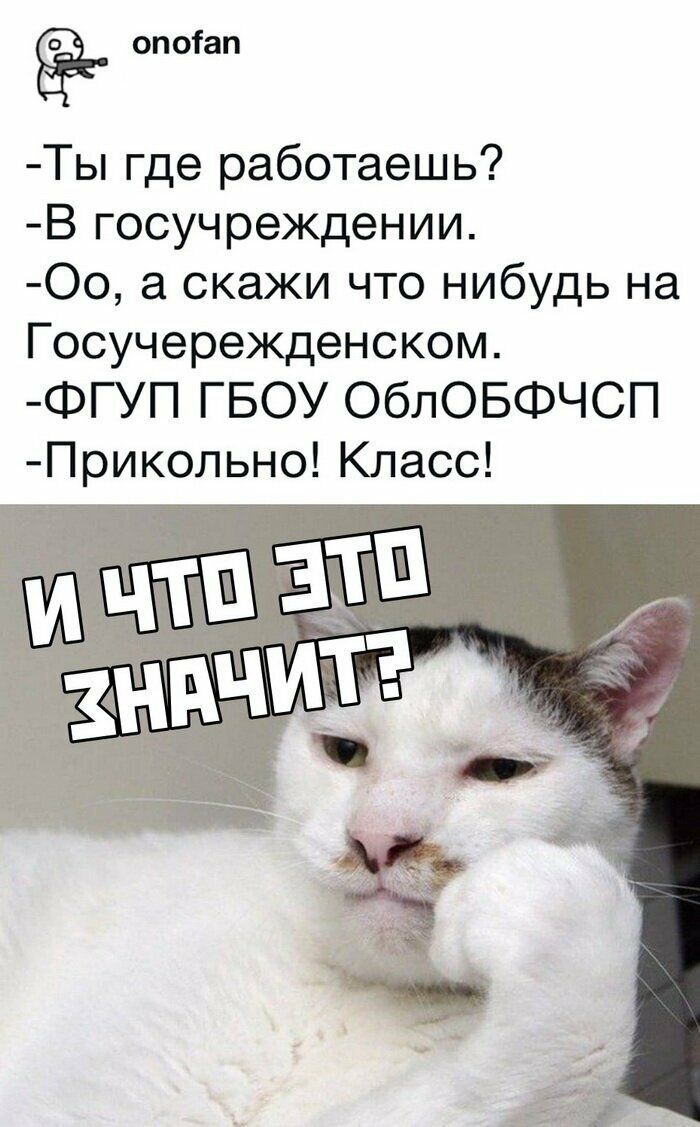 опоГап _ Ты где работаешь В госучреждении 00 а скажи что нибудь на Госучережденском ФГУП ГБОУ ОблОБФЧСП Прикольно Класс