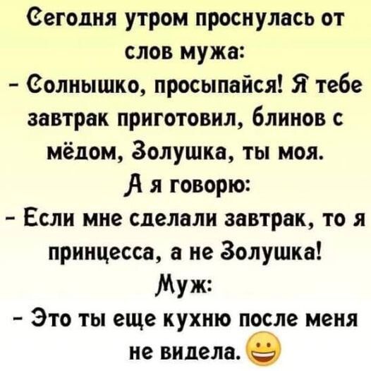 сегодня утром проснулась от слов мужа солнышко просыппйся Я тебе завтрак приготовил блинов мёдом Золушка ты моя я говорю Если мне сделали завтрак то я принцесса не Золушка МУШ _ ЭТО ТЫ еще КУХНЮ ПОСЛЕ МЕНЯ не видела в