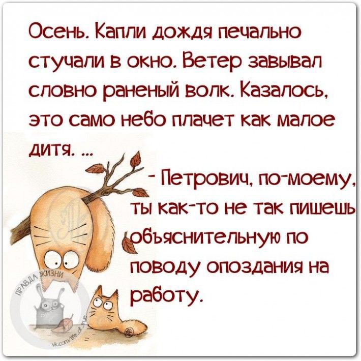 Осень Капли дождя печально стучали в окно Ветер завызап словно раненый волк Казалось это само небо ппацет как малое дитя Петрович по моему ты как то не так гмшець юбъяснитегьную по поводу опоздания на работу