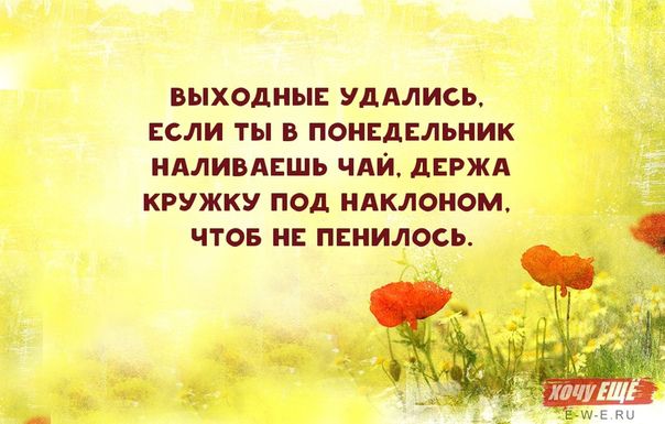 ВЫХОДНЫЕ УДАЛИСЪ ЕСЛИ ТЫ В ПОНЕДЕЛЬНИК НАЛИБАЕШЬ ЧАЙ дЕРЖА КРУЖКУ ПОД НАКЛОНОМ ЧТОБ НЕ ПЕНИЛОСЪ