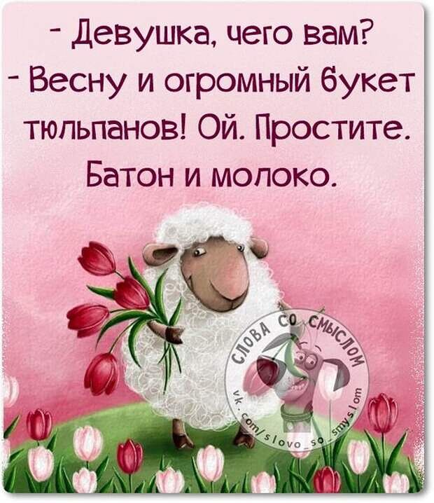 девушка чего вам Весну и огромный букет тюльпанов Ой Простите Батон и молоко
