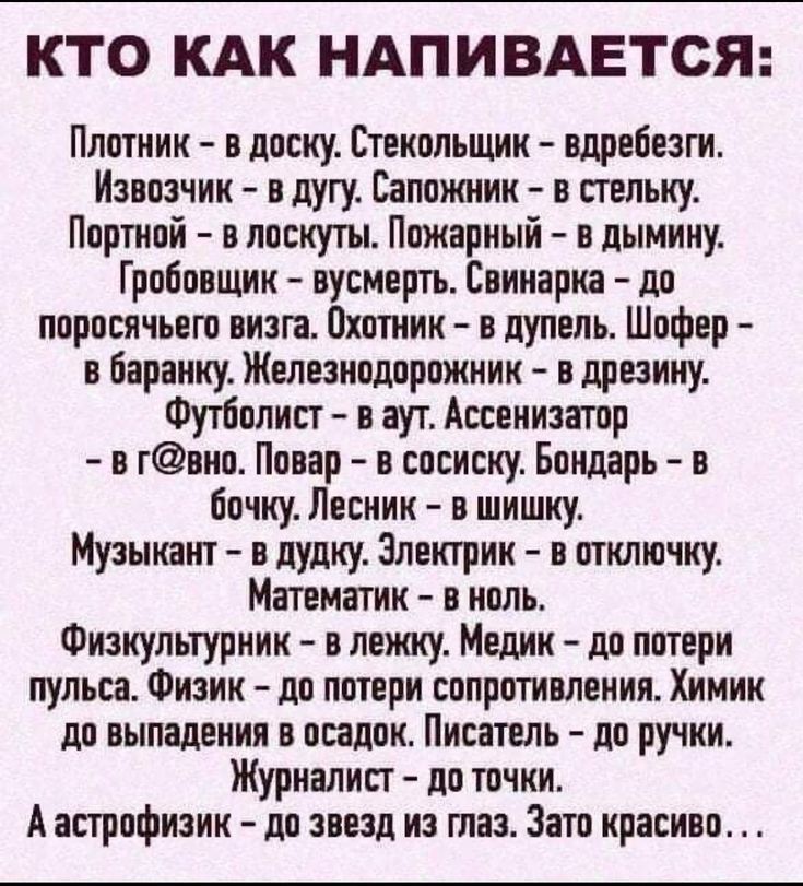 КТО КАК НАПИВАЕТСЯ Плотник в доску Стенольщик вдребезги Изаозчик в дугу Ваооншнк в стельку Порпшй в лоскут Пожарный в пыннну Гробовщик вусмерть Саннарна до поросячьего визга Охотник о дупель Шофер в баранку Железнодорожннк в дрпнну Футболист в аут Ассенизатор в гвно Повар в сосиску Бондарь в бочку Лесник в шишку Музыкант в дудку электрик в отклшчиу Магенатнк в ноль Физкультурник в лежку Медик до п