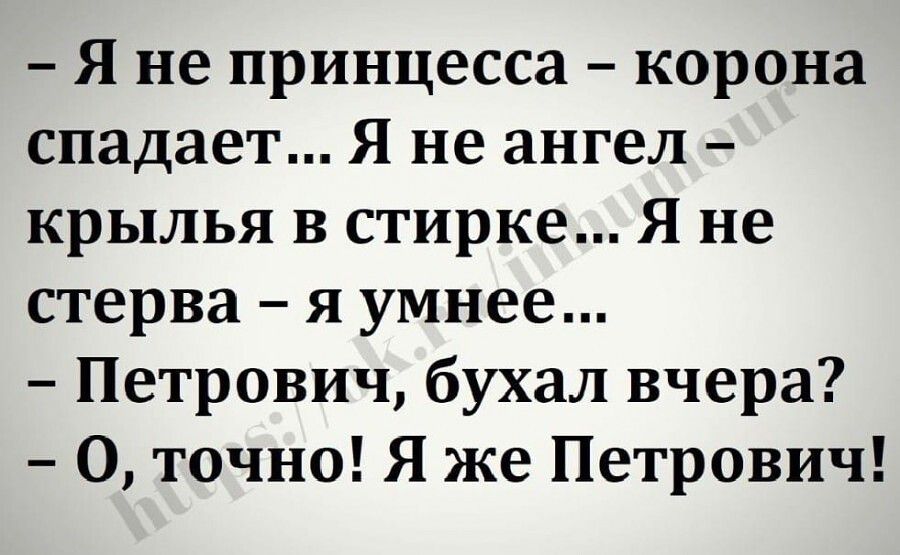 я не принцесса корона спадает Я не ангел крылья в стирке Я не стерва я умнее Петрович бухал вчера 0 точно Я же Петрович