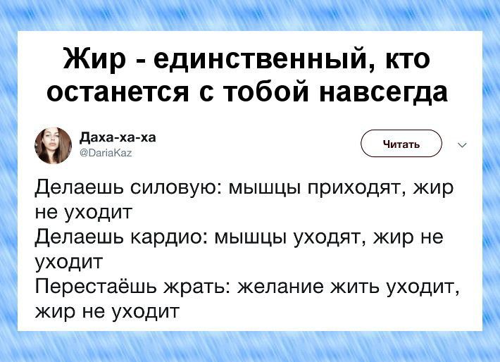Жир единственный кто останется с тобой навсегда днкгхи хп ГПБ Делаешь силовую мышцы приходят жир не уходит Делаешь кардио мышцы уходят жир не уходит Перестаёшь жрать желание жить уходит жир не уходит