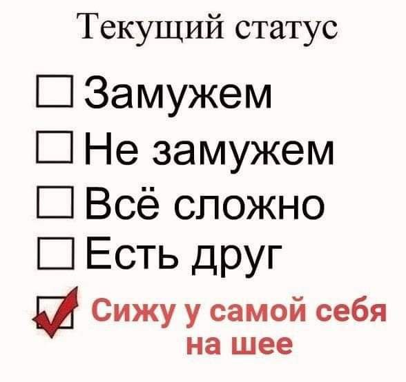 Текущий статус Замужем Не замужем Всё сложно Есть друг Й Сижу у самой себя на шее