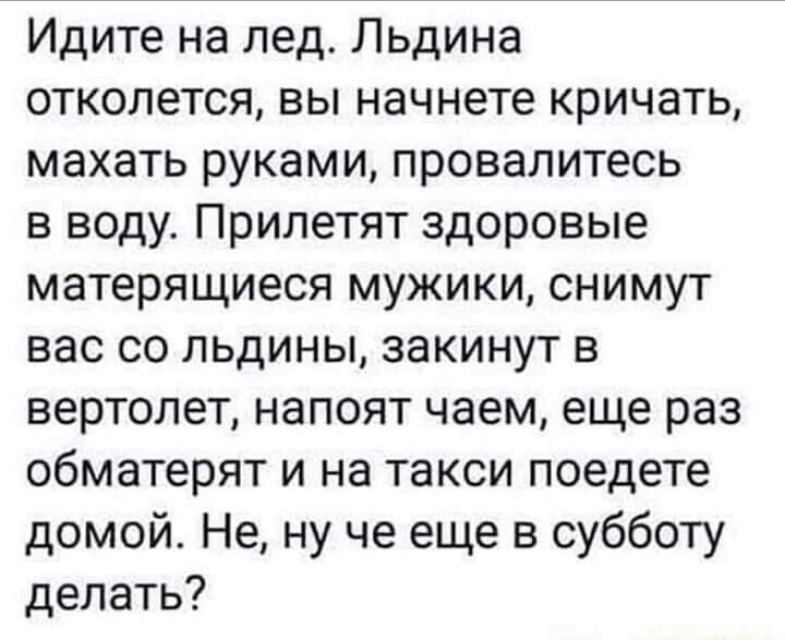 Идите на лед Льдина отколется вы начнете кричать махать руками провалитесь в воду Прилетят здоровые матерящиеся мужики снимут вас со льдины аакинут в вертолет напоят чаем еще раз обматерят и на такси поедете домой Не ну че еще в субботу делать