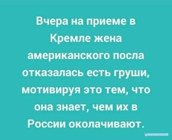 Вчера на приеме Кремле жена американского после отказалась есть груши мотивируя это тем что она знает чем их в России окомчивают