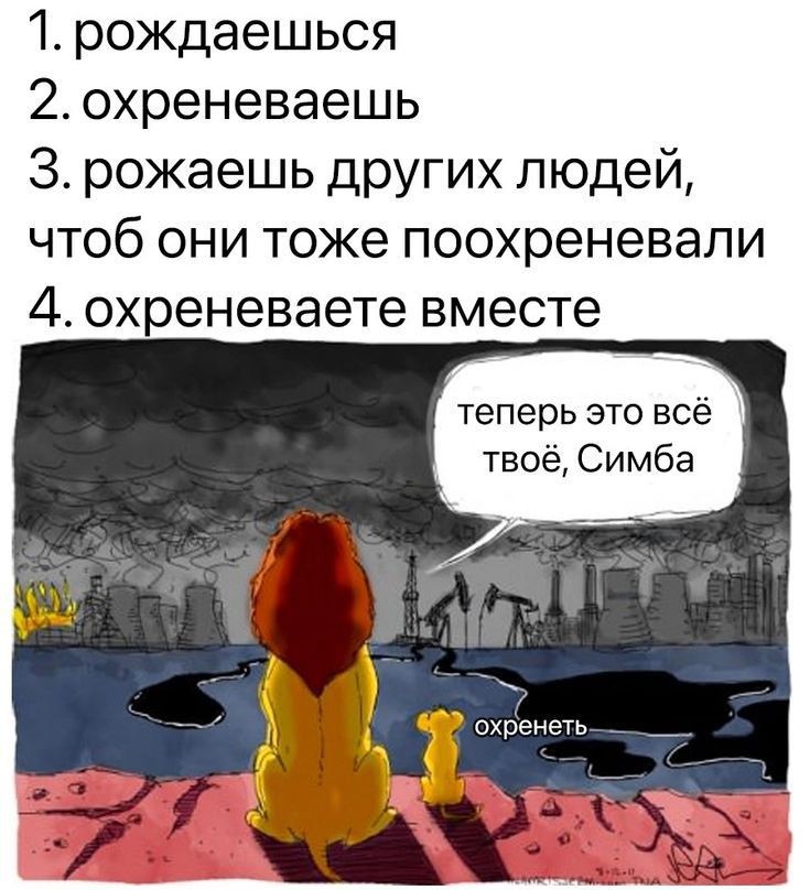 1 рождаешься 2 охреневаешь 3 рожаешь других людей чтоб они тоже поохреневапи 4 охреневаете вместе теперь это всё твоё Симба охренеть