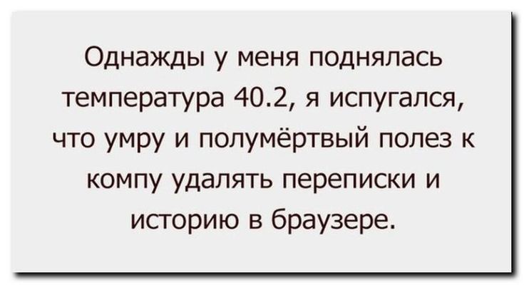 Однажды у меня поднялась температура 402 я испугался что умру и полумёртвый полез к компу удалять переписки и историю в браузере