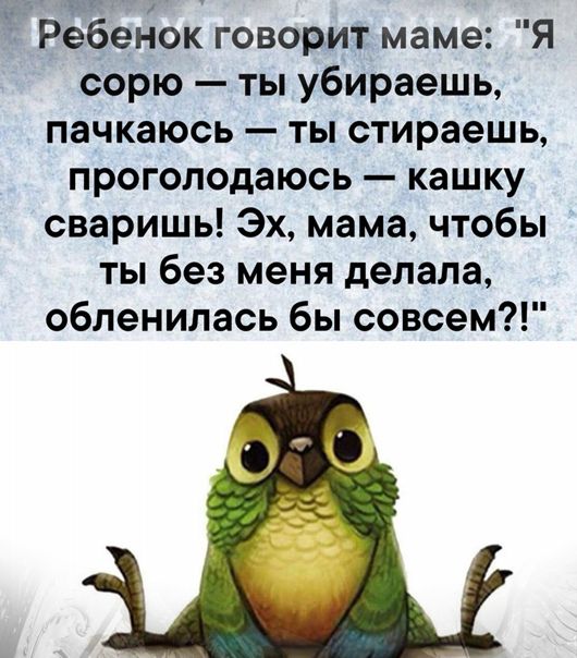 ЧРебенок говорит маме Я сорю ты убираешь пачкаюсь ты стираешь проголодаюсь кашку сваришь Эх мама чтобы ты без меня делала обленилась бы совсем