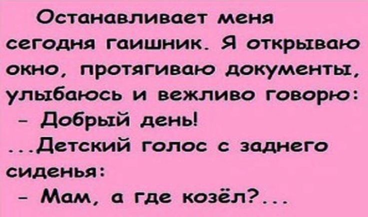 Останавливает меня сегодня гаишник Я открываю окно протягиваю документы улыбаюсь и вежливо говорю добрый дены Детский голос заднего сиденья Мам а Где козёл