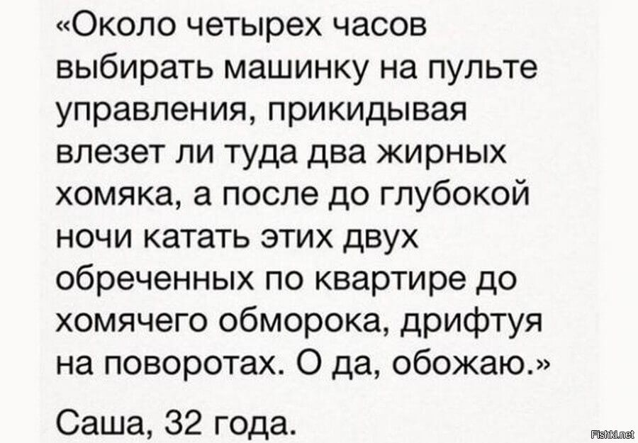 ОКОЛО четырех часов выбирать машинку на пульте управления прикидывая ВПЭЗЭТ ПИ туда два ЖИРНЫХ хомяка а после до глубокой ночи катать этих двух обреченных по квартире до хомячего обморока дрифтуя на поворотах О да обожаю Саша 32 года