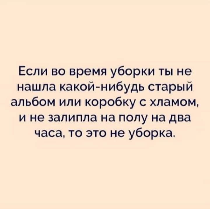 Если во время уборки ты не нашла какойнибудь старый альбом ипи коробку с хламом и не запиппа на полу на два часа то это не уборка