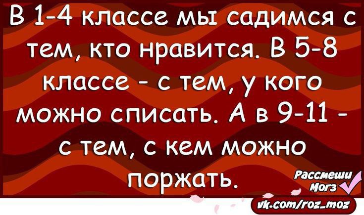 В 1 4 классе мы садимся с тем кто нравится В 5 8 классе с тем у кого можно списать А в 9 11 с тем с кем можно поржать ад