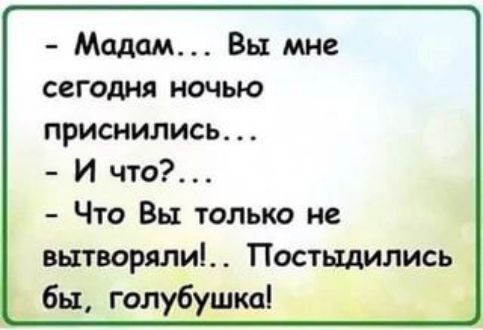 Мадам Вы мне сегодня ночью приснились И что Что Вы толъко не вытворяли Постыдились бы голубушка