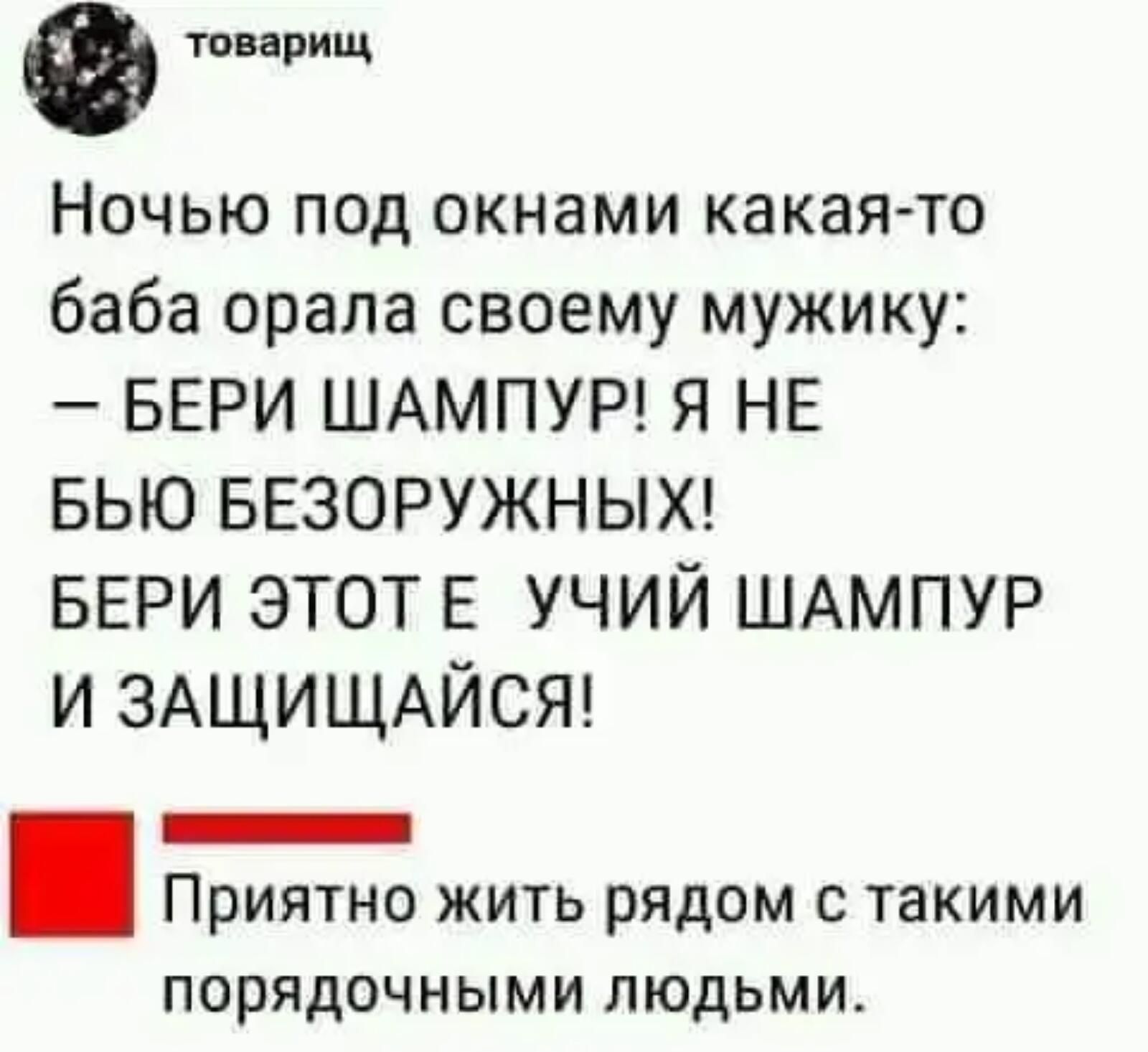 шварищ Ночью под окнами какая то баба орала своему мужику БЕРИ ШАМПУР Я НЕ БЬЮ БЕЗОРУЖНЫХ БЕРИ ЭТОТ Е УЧИЙ ШАМПУР и ЗАЩИЩАЙСЯ _ Приятно жить рядом с такими ПОрЯдОЧНЫМИ ЛЮДЬМИ