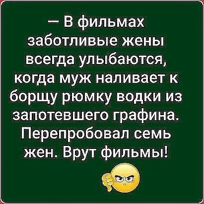 В фильмах заботливые жены всегда улыбаются когда муж наливает к борщу рюмку водки из запотевшего графина Перепробовал семь жен Врут фильмы