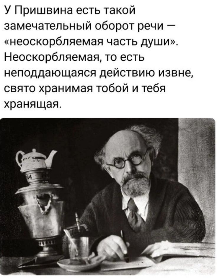 У Пришвина есть такой замечательный оборот речи неоскорбпяемая часть души Неоскорбпяемая то есть неподдающаяся действию извне свято хранимая тобой и тебя хранящая