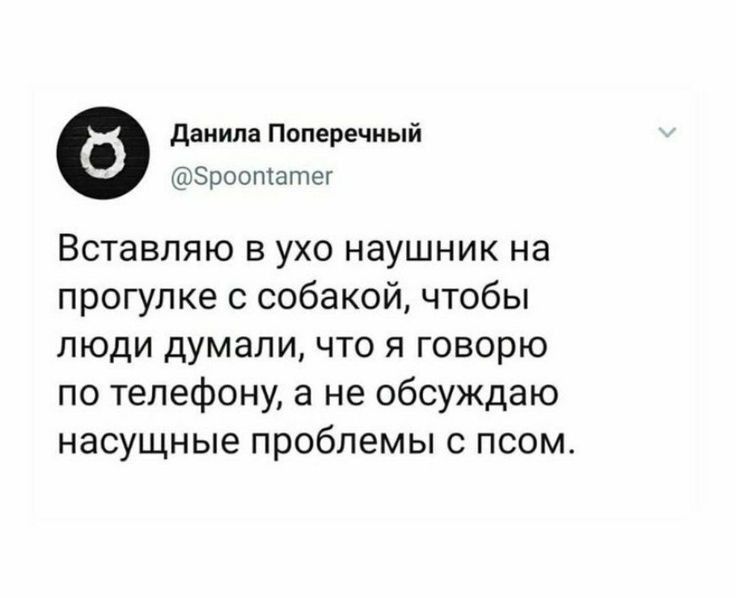 даиилп Поперечиый ЦТ Броопшпщ Вставляю в ухо наушник на прогулке собакой чтобы люди думали что я говорю по телефону а не обсуждаю насущные проблемы с псом