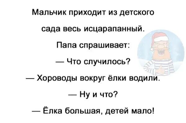 Мальчик приходит из детского сада весь исцарапанный Папа спрашивает Что случилось Хороводы вокруг ёлки водили Ну и что Ёлка большая детей мало