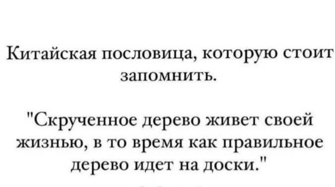 Китайская пословица которую стоит ЗЗПОМНИТЬ Скрученное дерево живет своей ЖИЗНЬЮ В ТО время как правильное дерево идет на доски